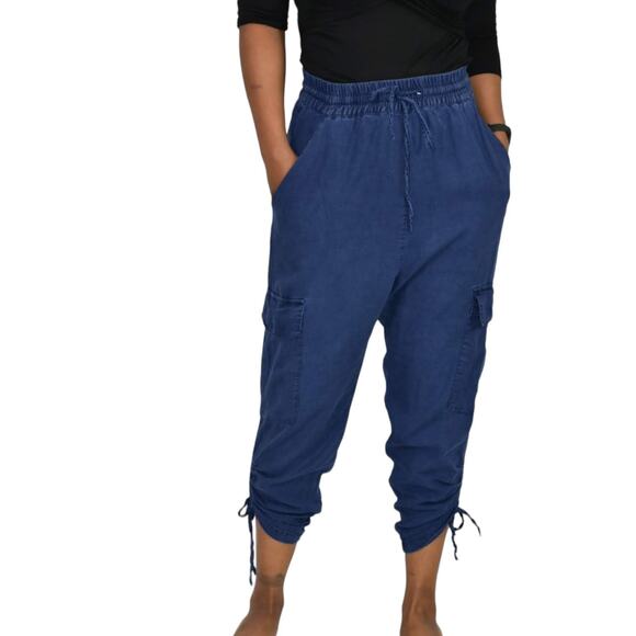 Zara Cargo Pants Blue High Waisted Ruched Crop Jogger Elastic Linen Size Small - Picture 11 of 14